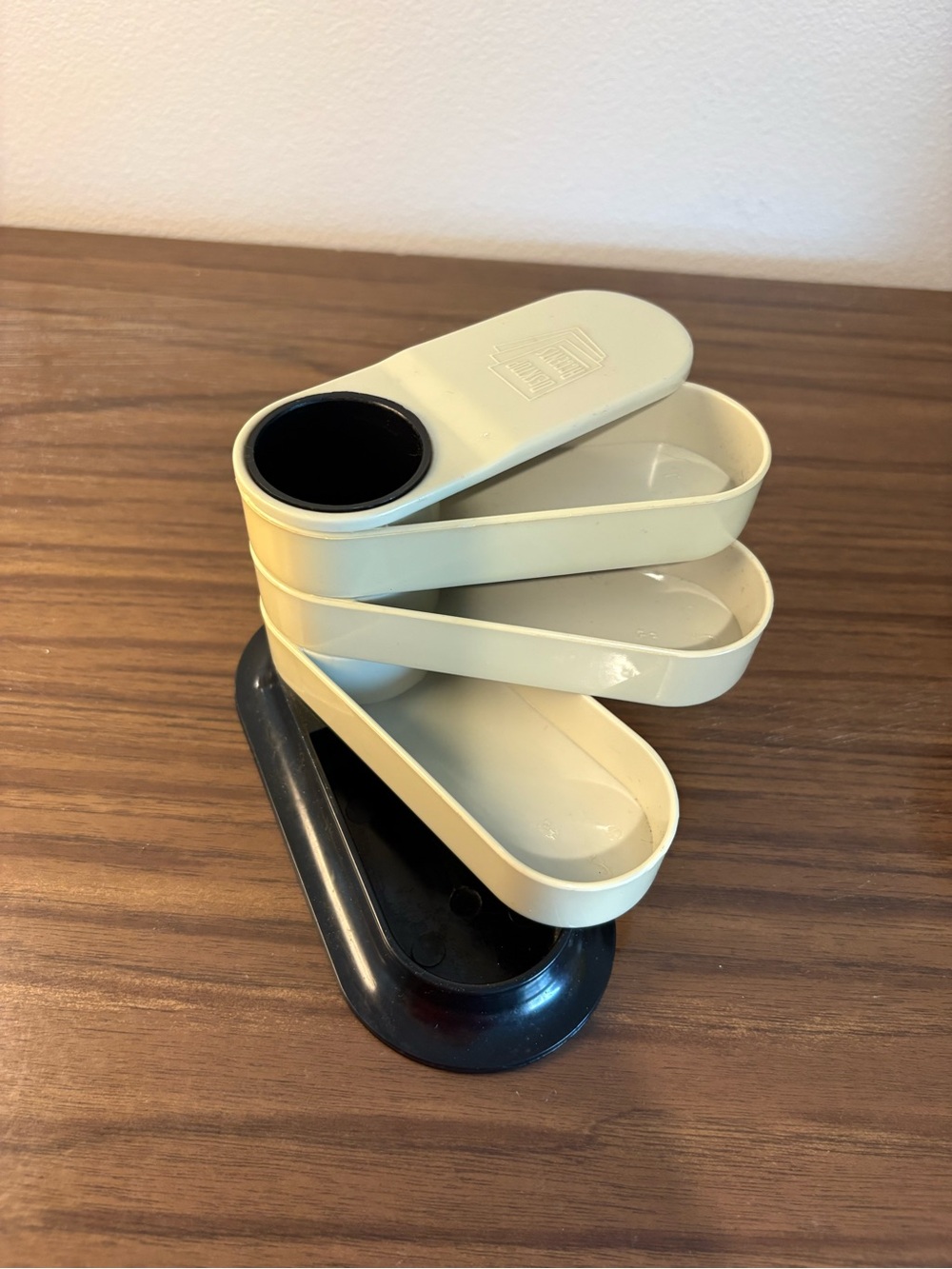 Vintage MCM Pen Holder 4-Tier Black Beige Desk Organizer Nesting Swivel Trays
